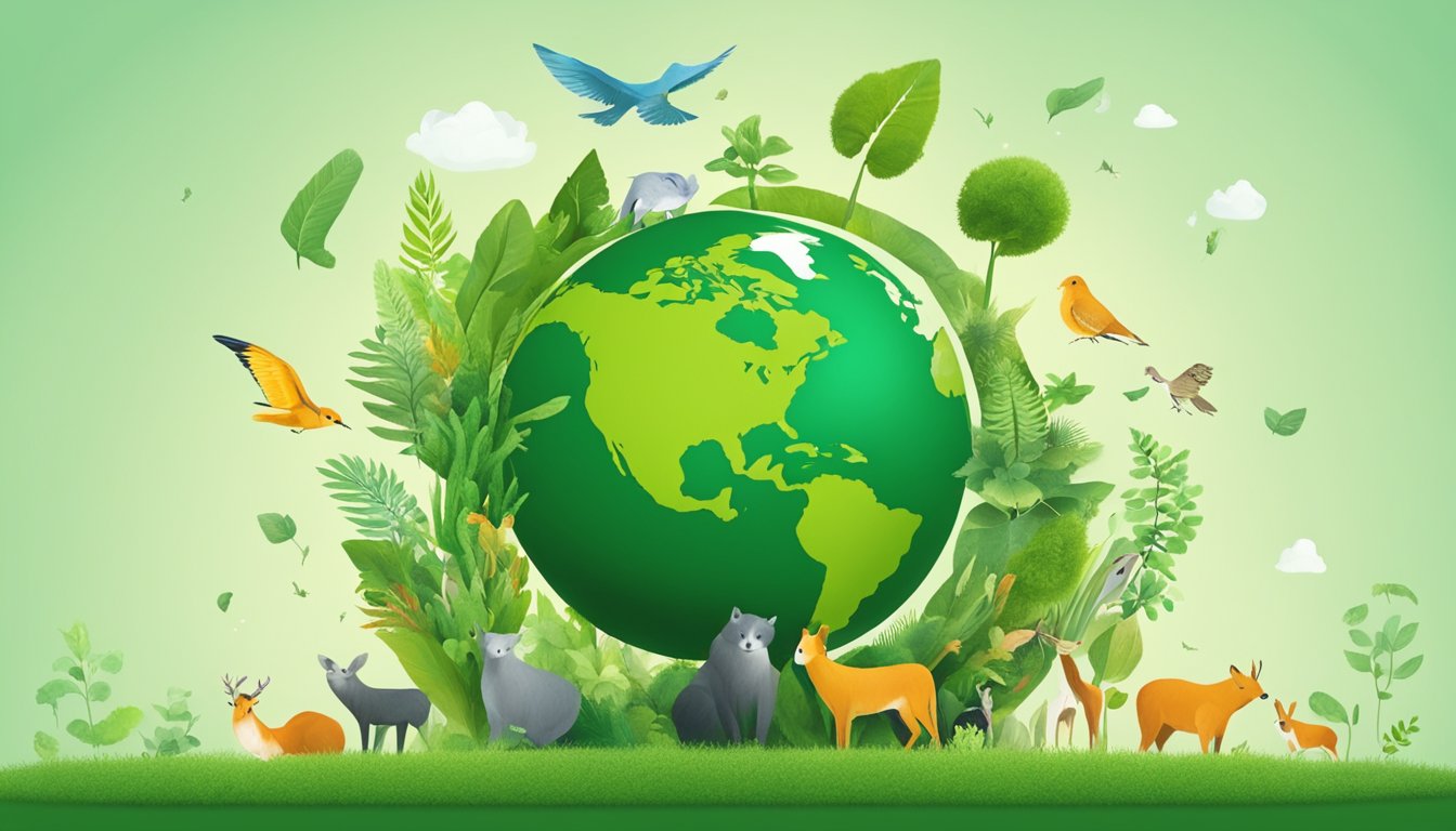 A green globe surrounded by question marks, with a diverse mix of plants and animals, symbolizing the concept of green economy